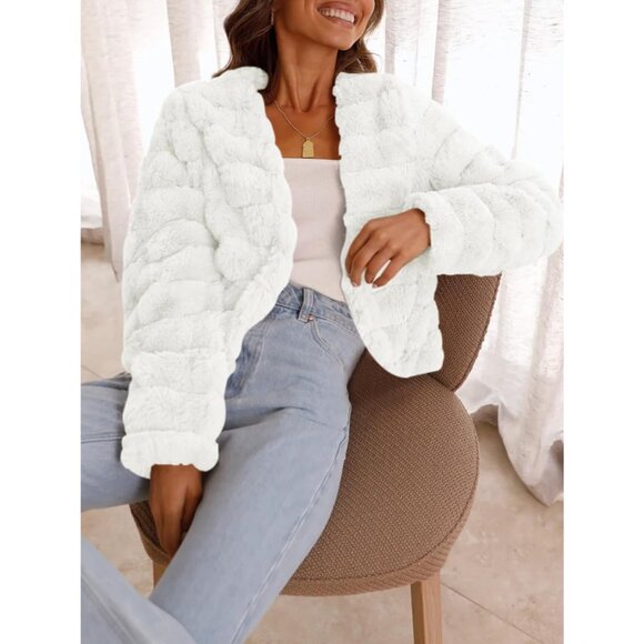 Women's Faux Fur Coats Fleece Cropped Jacket Long Sleeve Shaggy Warm White - Picture 5 of 5
